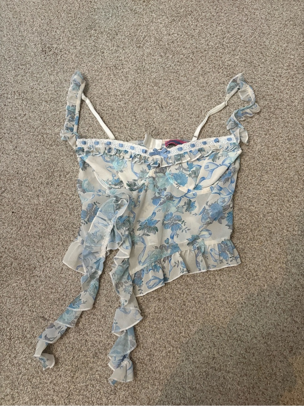 Edikted White Floral Ruffle Tie-Front Camisole - Blue Print
